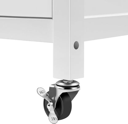 Rolling Kitchen Island Cart with Storage and Drawer, Features Wood Top and 6 Side Hooks, White Finish