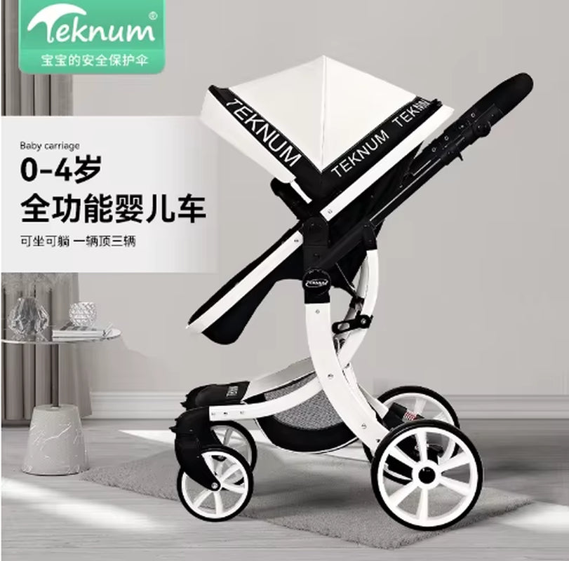 Luxury 3-in-1 Baby Stroller and Car Seat System - 2025 New PU Leather High Landscape Portable Pushchair in White