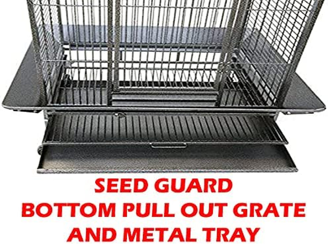 New Large Wrought Iron Open/Close Play Top Bird Parrot Cage, Include Metal Seed Guard Solid Metal Feeder Nest Doors (28" W X 22" D X 59" H Black Vein)