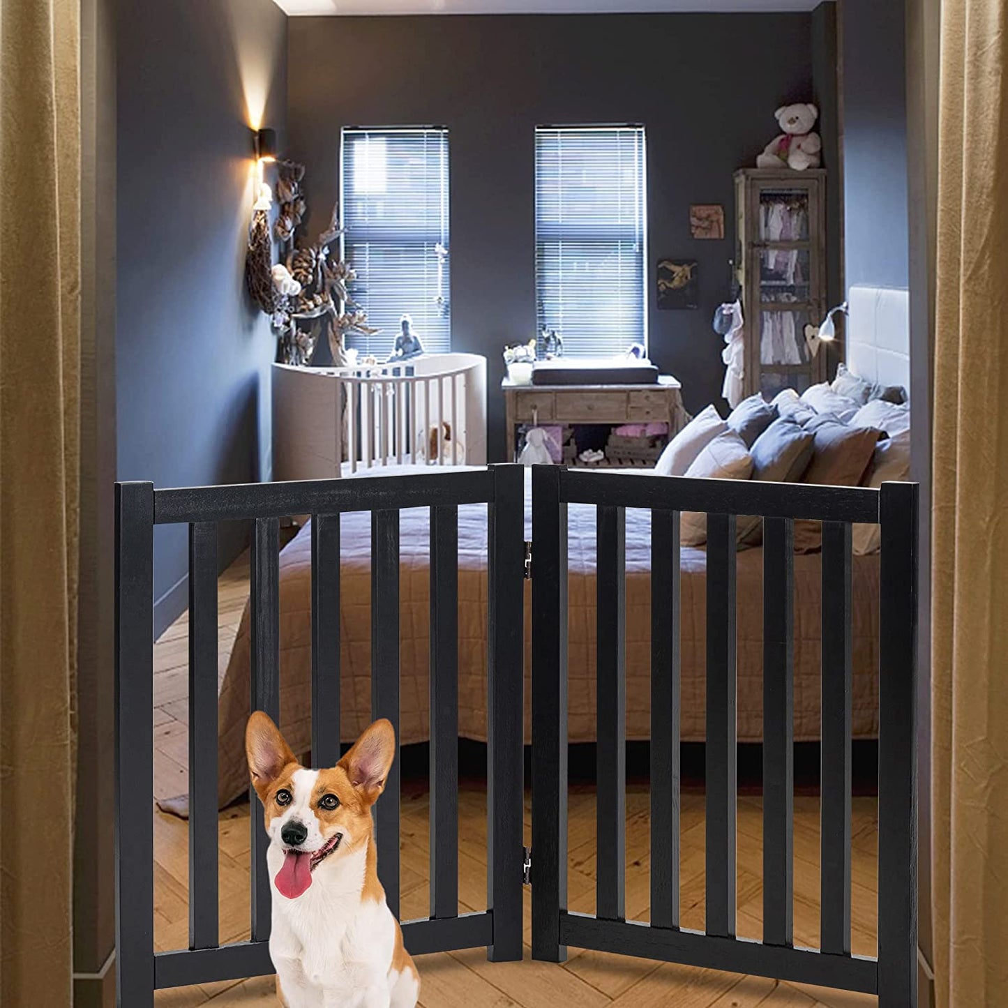 2-Panel Wooden Free Standing Foldable Dog Gate Indoor – Solid Hardwood 24" High, Step-Over Safety Pet Gate for Doorways, Stairs & Small Spaces - Indoor Use, Black