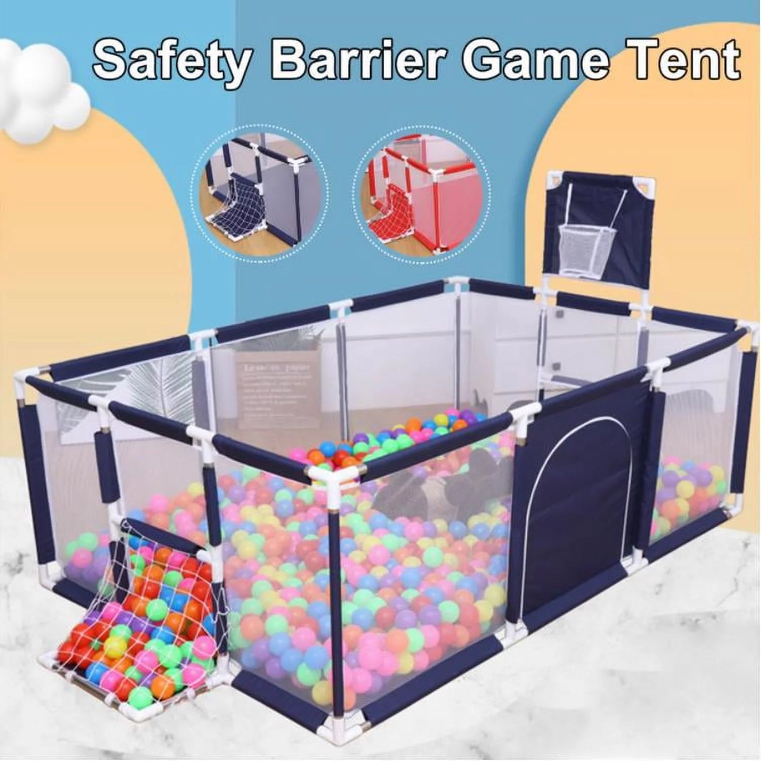 91-Inch Premium Playpen with Basketball Hoop - Versatile Folding Mesh Playard for Infants and Children, Suitable for Indoor and Outdoor Use