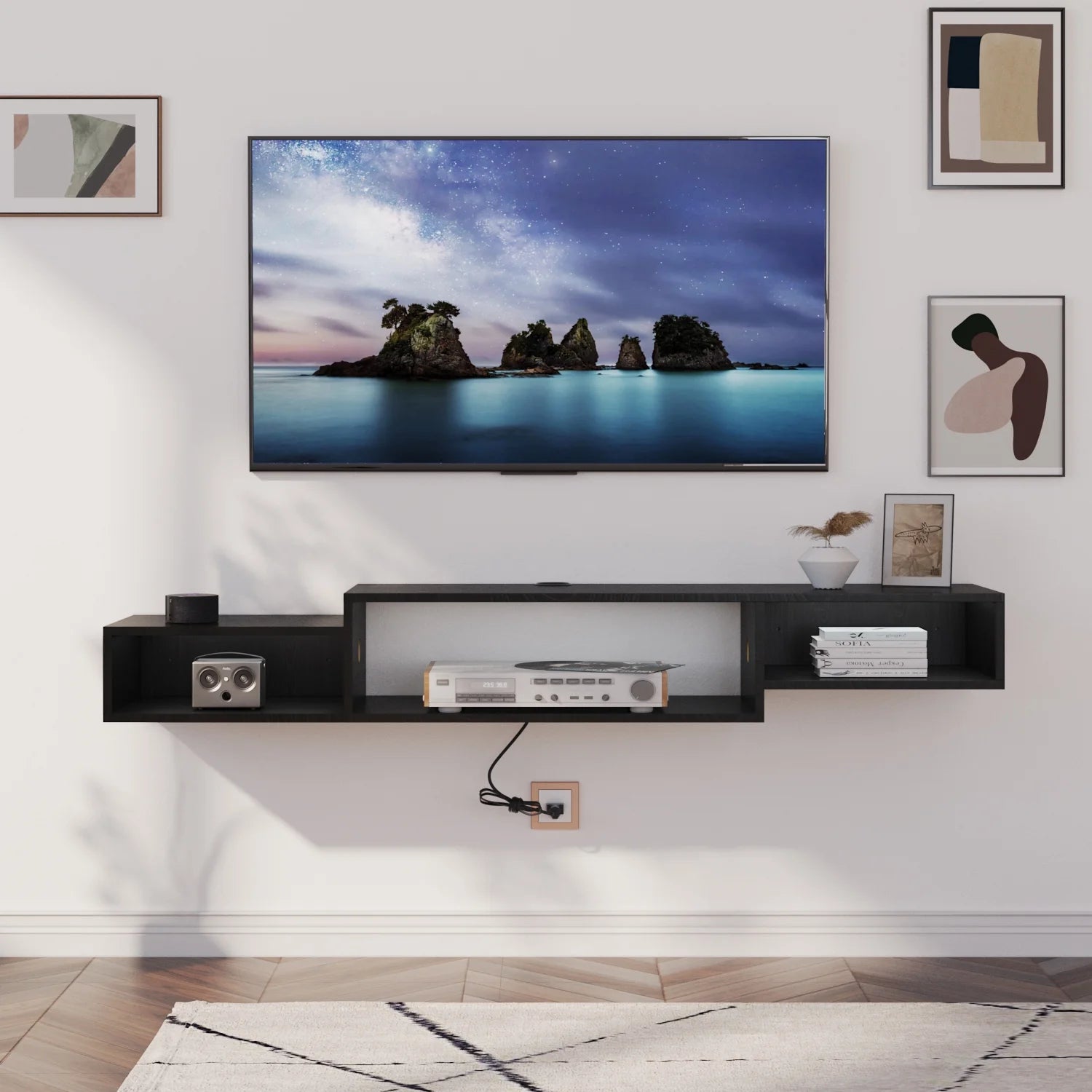 59" Floating TV Stand with LED Lights & Power Outlet for 60 Inch TV, Wall Mounted Media Console Entertainment Center, Black