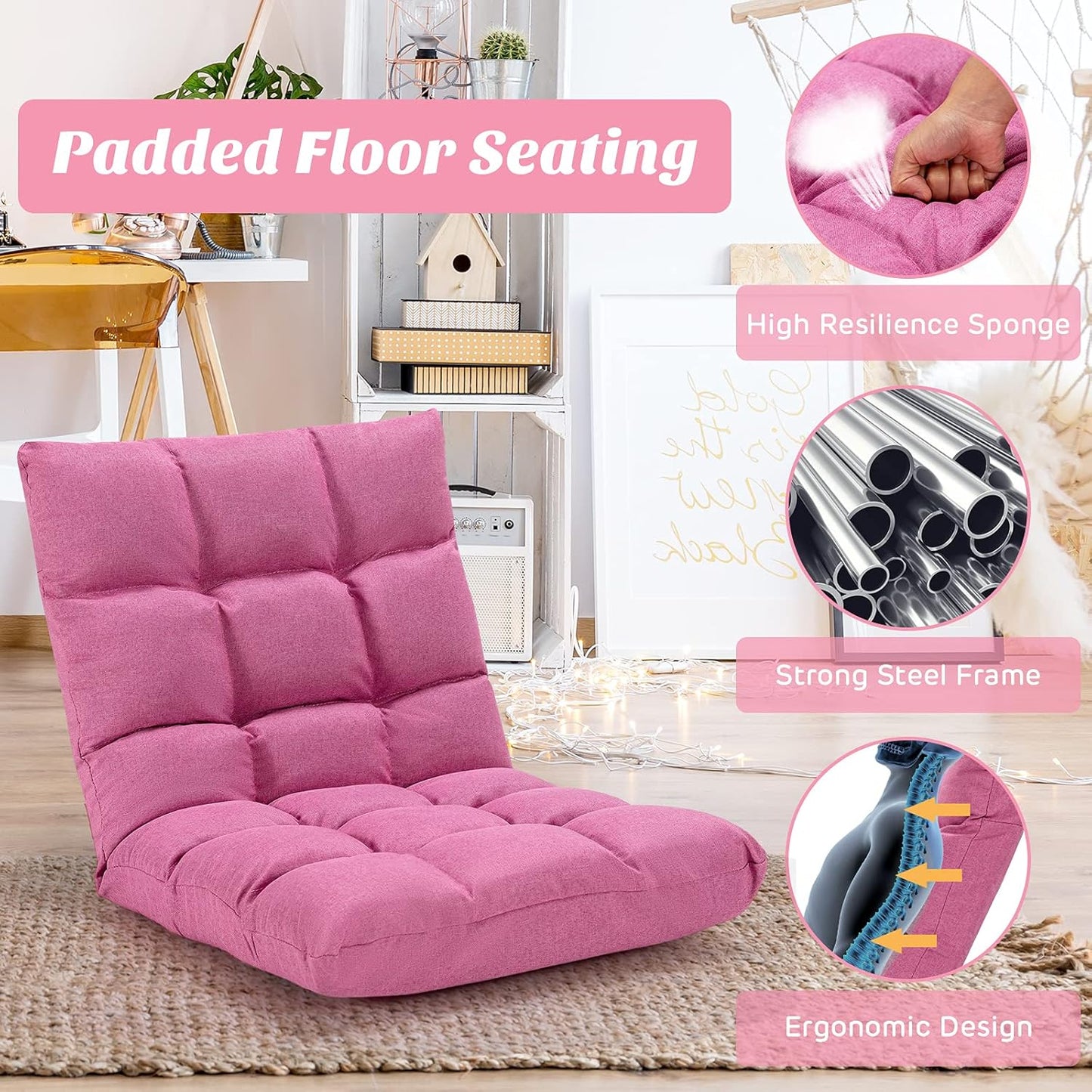 Adjustable 14-Position Gaming Sofa Chair with Cushioned Folding Recliner, High Resilience Sponge, Breathable Cotton and Linen Fabric, Removable Cover - Pink