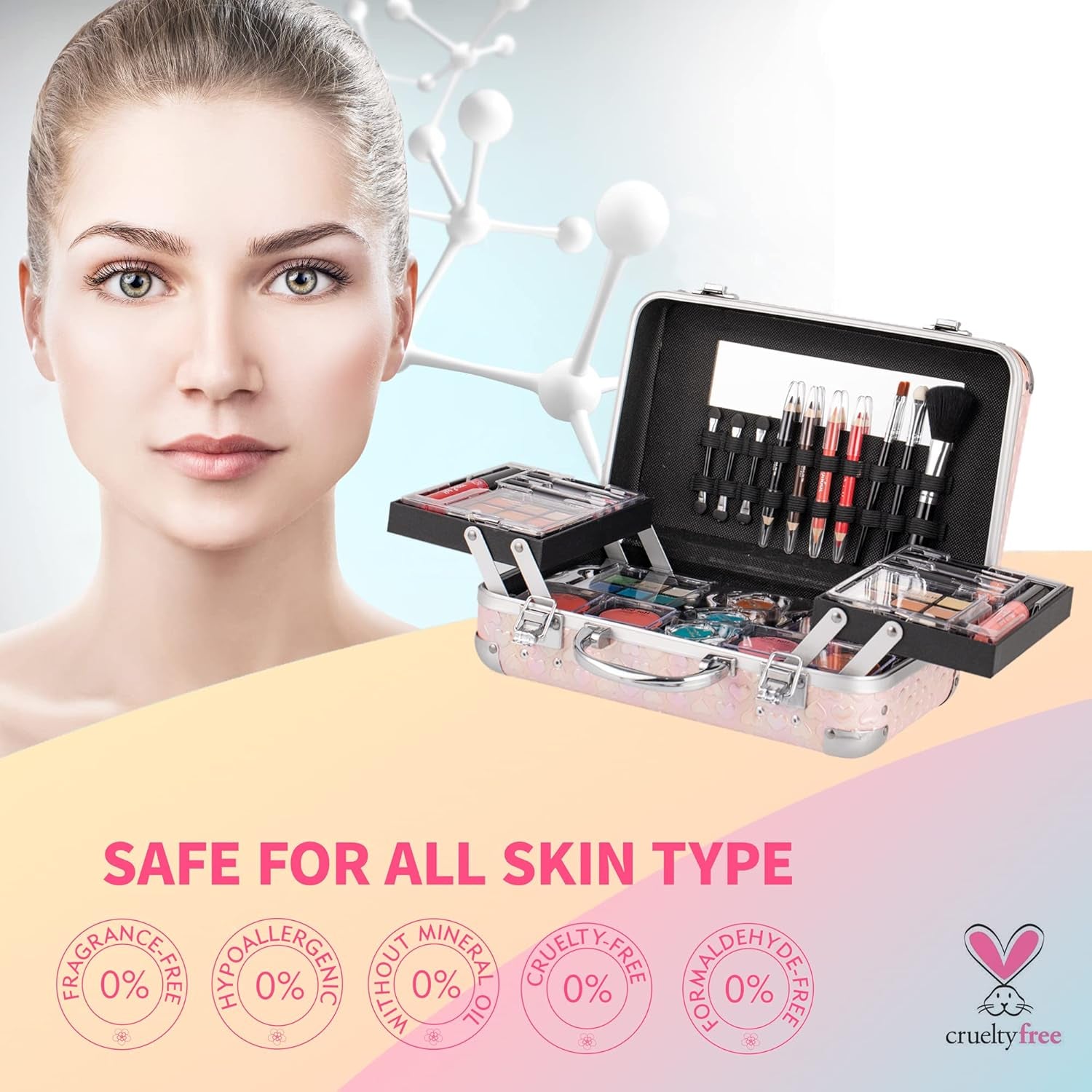 All in One Makeup Set for Teen Girls - Full Makeup Kit for Beginners with Eye Shadow Palette, Blush, Lip Gloss, Brush, Mirror (Pink Heart)