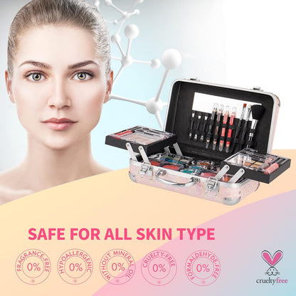 All in One Makeup Set for Teen Girls - Full Makeup Kit for Beginners with Eye Shadow Palette, Blush, Lip Gloss, Brush, Mirror (Pink Heart)
