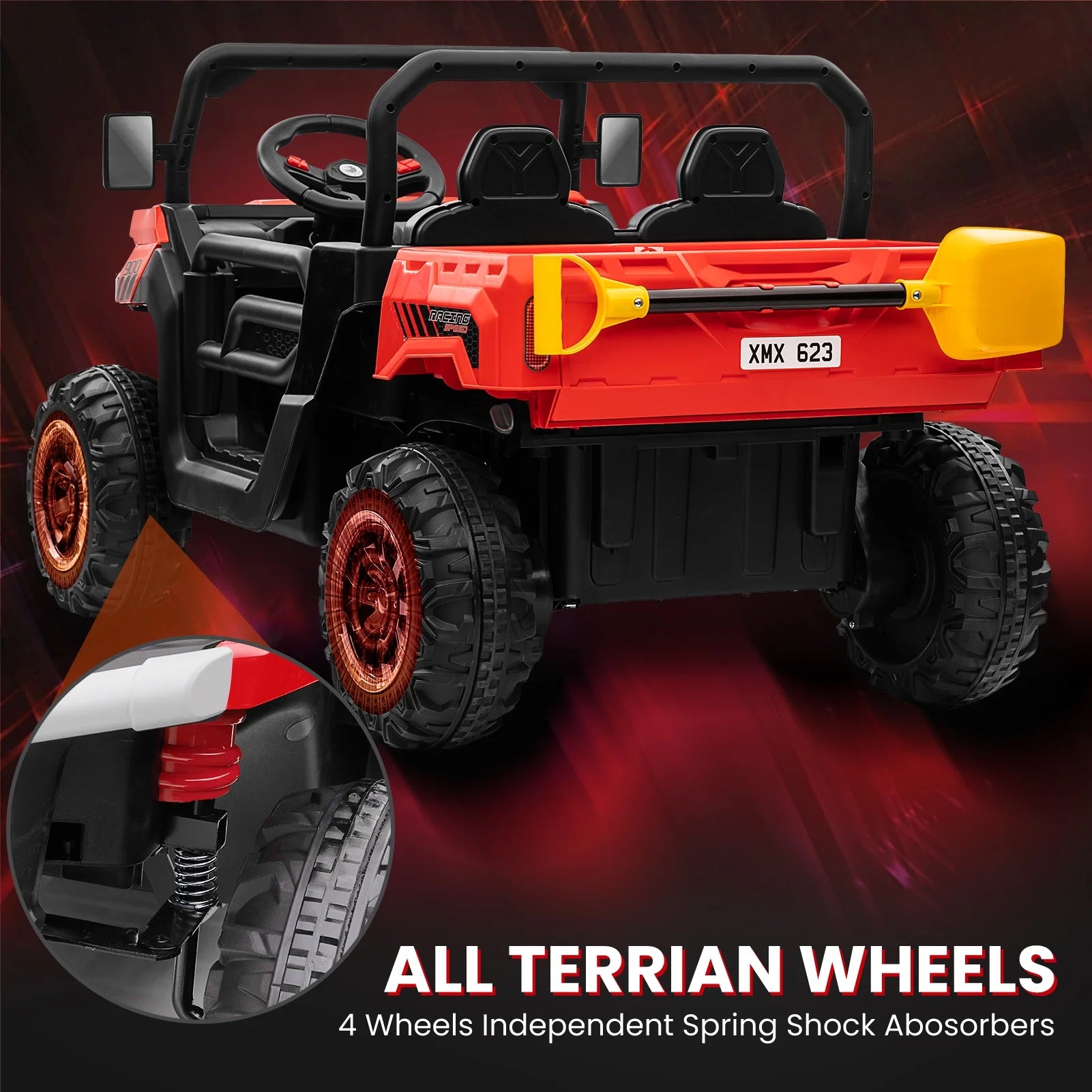 24 Volt Ride on Toys, 4WD Ride on Dump Truck for Kids, 2 Seater Ride on Car with Remote, Electric Power Car Wheels Toys with Trailer & Shovel, Mp3/Bluetooth Music, Red