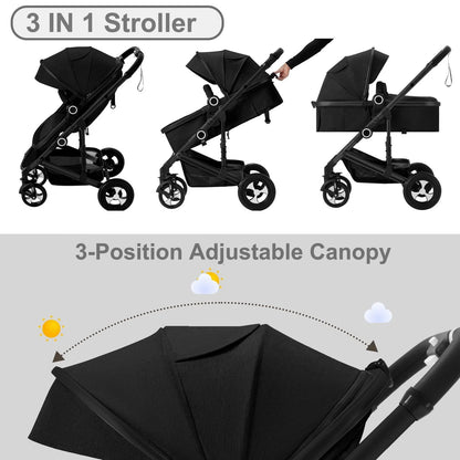 3-in-1 Convertible Baby Stroller with Generous Seating and Adjustable Canopy, 24 lbs, Black