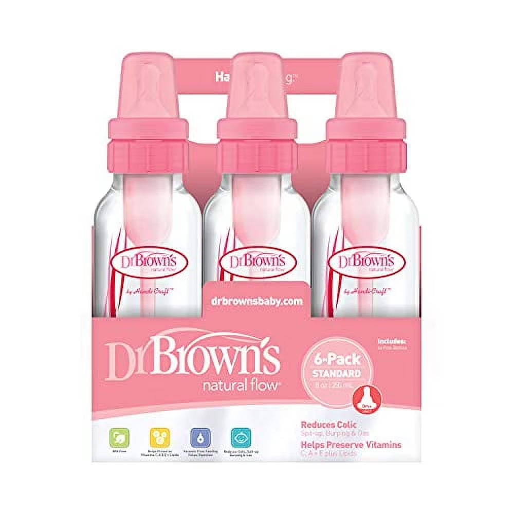 Natural Flow Original Baby Bottles, Pink, 8 oz, Set of 6
