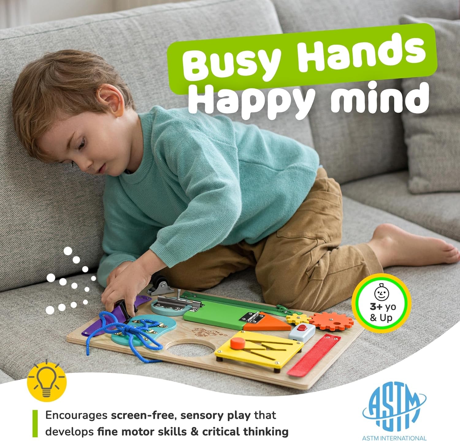 Premium Wooden Sensory Busy Board for Toddlers Aged 1-3, Featuring 10 Educational Activities to Enhance Fine Motor Skills and Ideal for Travel
