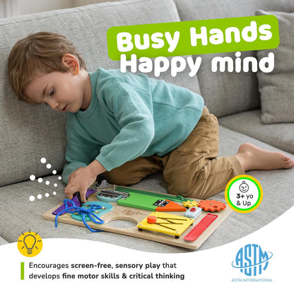 Premium Wooden Sensory Busy Board for Toddlers Aged 1-3, Featuring 10 Educational Activities to Enhance Fine Motor Skills and Ideal for Travel