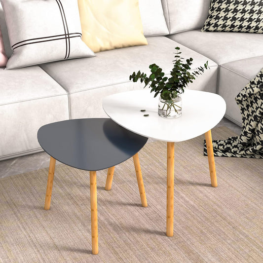 Bamboo Nesting Coffee Tables - Set of 2 Modern Triangle End Tables for Living Room, Bedroom, and Small Spaces (White & Gray)