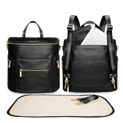 Premium Leather Diaper Backpack with 16 Pockets, Changing Pad, Stroller Straps, and Insulated Compartments - Convertible Design in Black