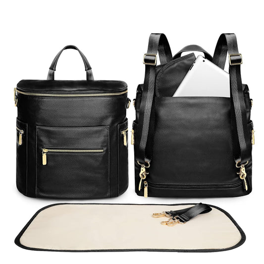 Premium Leather Diaper Backpack with 16 Pockets, Changing Pad, Stroller Straps, and Insulated Compartments - Convertible Design in Black