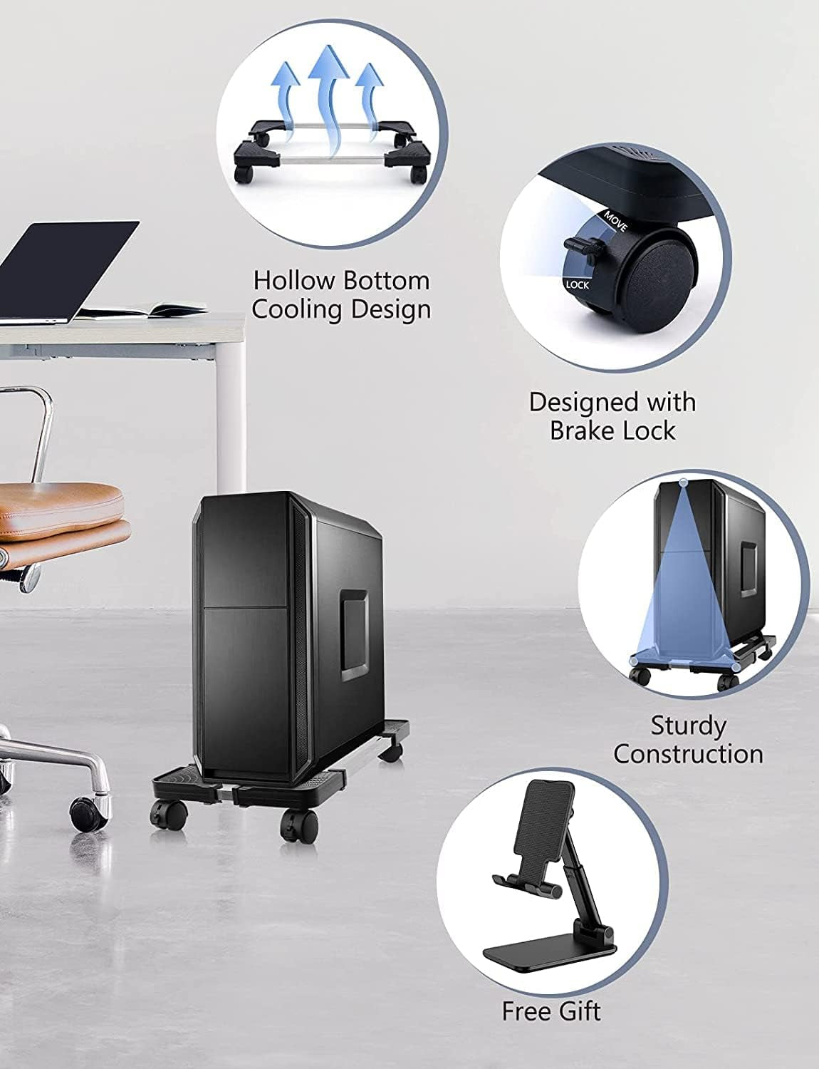 Adjustable Mobile CPU Tower Stand with Rolling Wheels for Gaming and Student Desktops