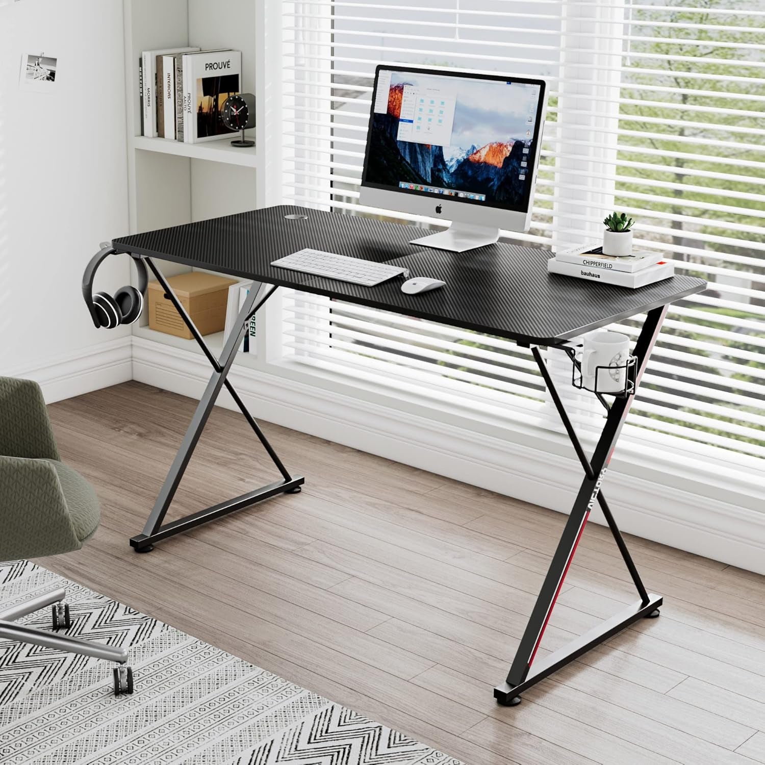 47-Inch X-Shaped Gaming Desk with Mouse Pad, Headphone Hook, Controller Stand, and Cup Holder