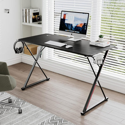 47-Inch X-Shaped Gaming Desk with Mouse Pad, Headphone Hook, Controller Stand, and Cup Holder