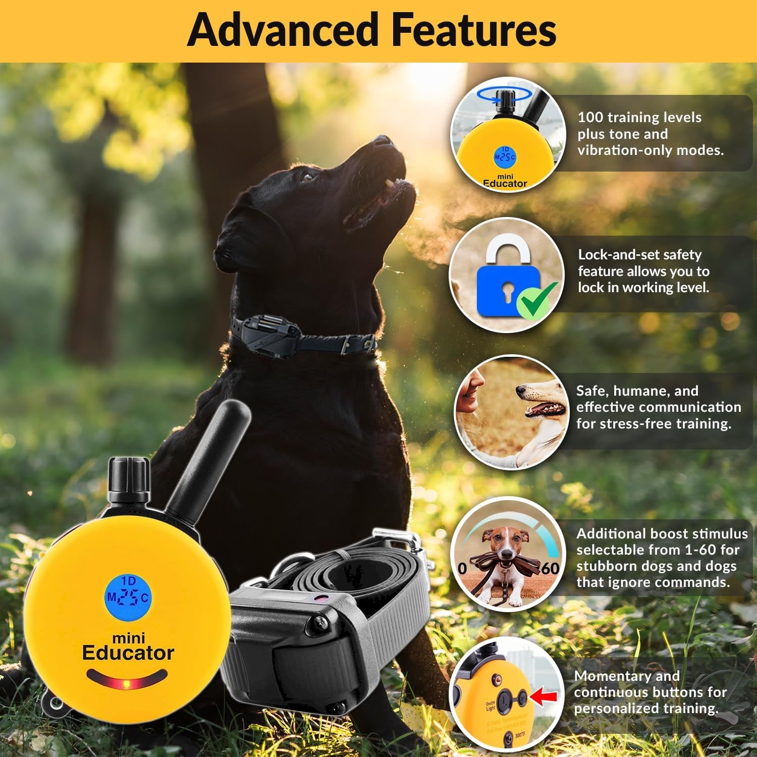 ET-300 Mini  E-Collar Humane Dog Training Collar with Remote & Night Light–100 Levels Gentle Tapping Stimulation, Waterproof & Rechargeable–1/2 Mile Range–For 1 Small to Medium Dog–Yellow