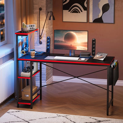 52-Inch Gaming Desk with LED Lighting and Reversible Storage Shelves, Carbon Fiber Computer Desk with Side Storage Bag for Home and Office