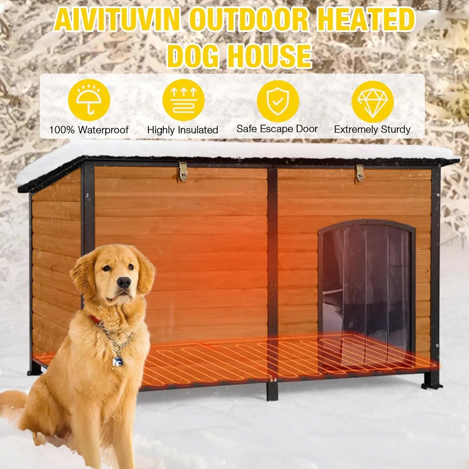 Extra Large Heated Dog House Outdoor Wooden Dog Kennel 59" Insulated with Heater All-Around Iron Frame