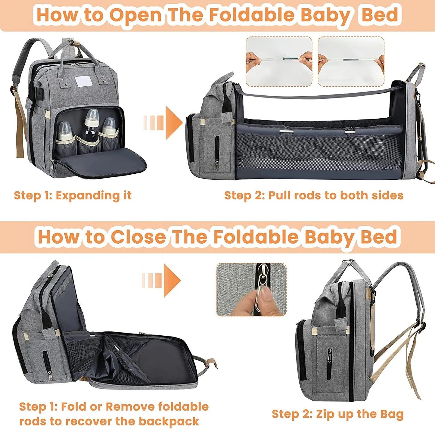 Stylish Multi-Functional Mommy Bag with Folding Baby Bed and Large Capacity for Diapers and Milk Bottles