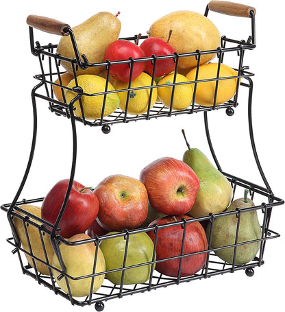2-Tier Rectangle Countertop Fruit, Bread Wire Basket (Black, Metal)