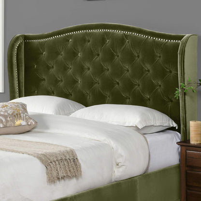 Marcella Queen Upholstered Shelter Headboard Bed Set in Olive Green Performance Velvet