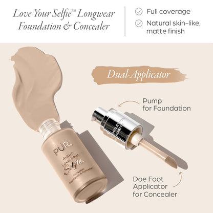 PÜR MINERALS 4-In-1 Love Your Selfie Foundation & Concealer - Longwear Full Coverage Liquid Makeup Foundation with Hydrating Blend for Refined-Looking, Natural Beauty Glow, Skin Texture & Tone