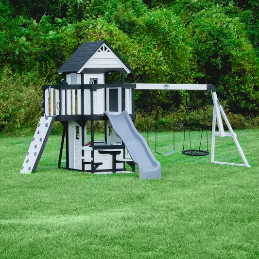 Canyon Creek White Outdoor Kid'S Playground Set W/ Rock Wall, Wave Slide, Web Swing, and Playset Kitchen