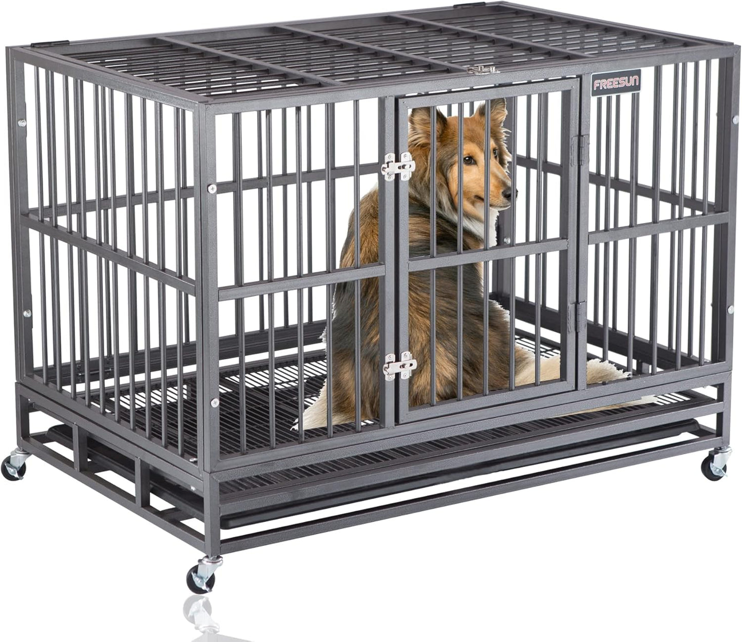 46-Inch Heavy-Duty Indestructible Dog Crate with Wheels, Escape-Proof Kennel for Large Dogs, Extra Large XXL Indoor Dog Crate with Secure Lock and Double Door Removable Tray