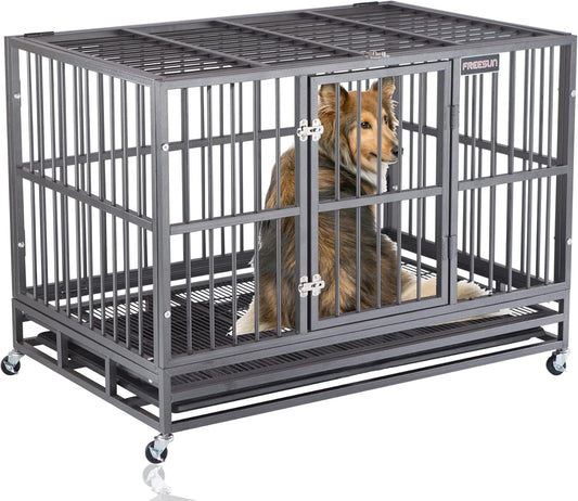 46-Inch Heavy-Duty Indestructible Dog Crate with Wheels, Escape-Proof Kennel for Large Dogs, Extra Large XXL Indoor Dog Crate with Secure Lock and Double Door Removable Tray