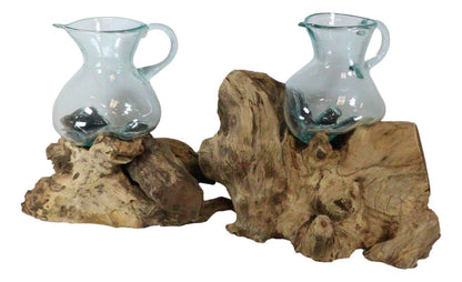 Set of 2 Balinese Natural Gamal Wood Driftwood with Molten Glass Water Jugs