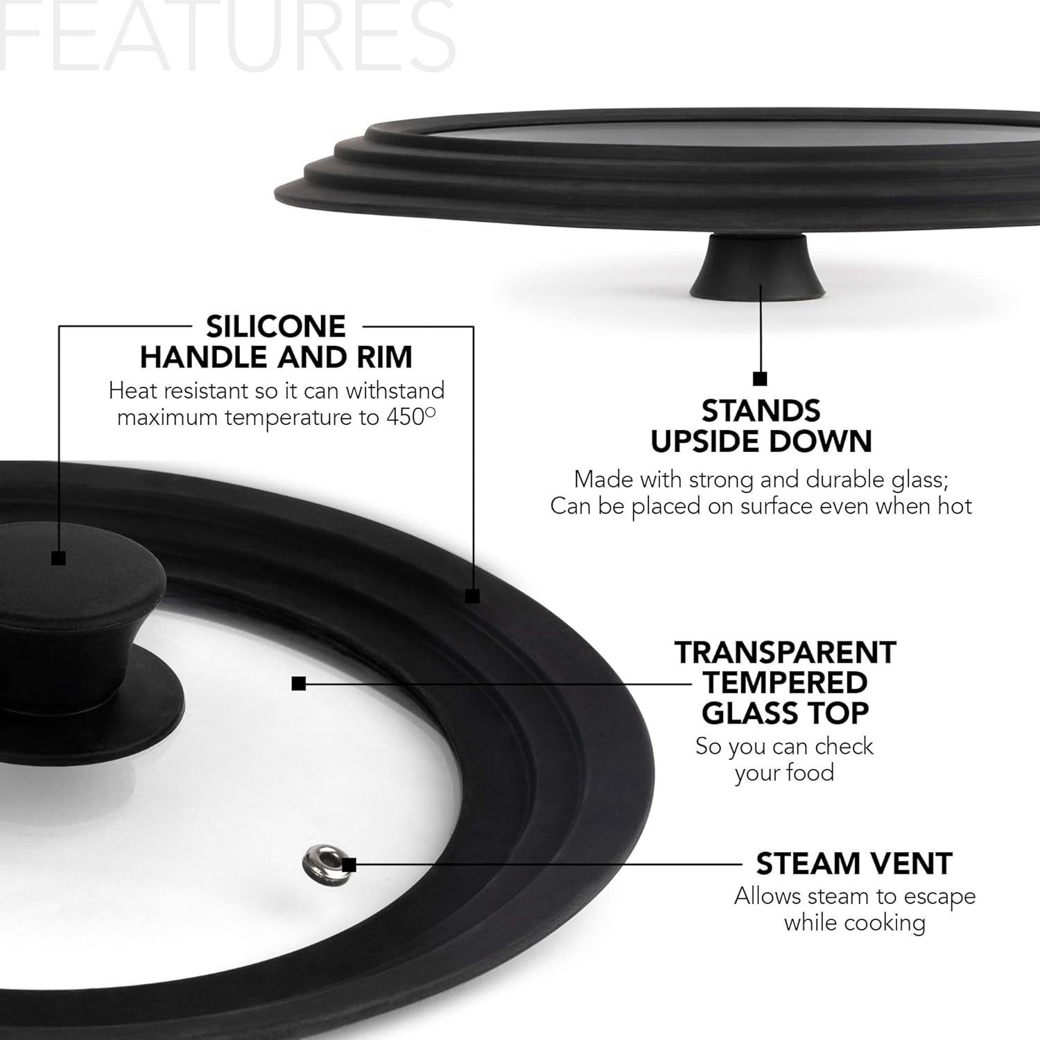 Universal Lids (Set of 2) Fits 7 to 12-Inch Cookware, Silicone Replacement Pan Lid, Glass Top Covers for Skillets, Pots, Frying Pans, Cast Iron, Crockpot - Black