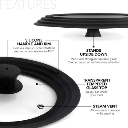 Universal Lids (Set of 2) Fits 7 to 12-Inch Cookware, Silicone Replacement Pan Lid, Glass Top Covers for Skillets, Pots, Frying Pans, Cast Iron, Crockpot - Black