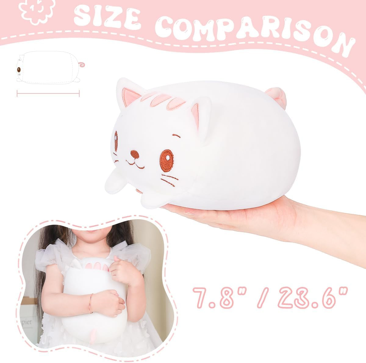 23.6-Inch Ultra-Soft Plush White Cat Cylindrical Body Pillow - Perfect Cartoon Hugging Companion