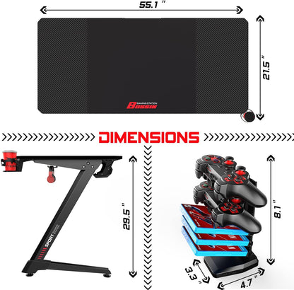 55-Inch Ergonomic Gaming Desk - Z-Shaped Office PC Desk with Mouse Pad, Gaming Handle Rack, Cup Holder, and Headphone Hook