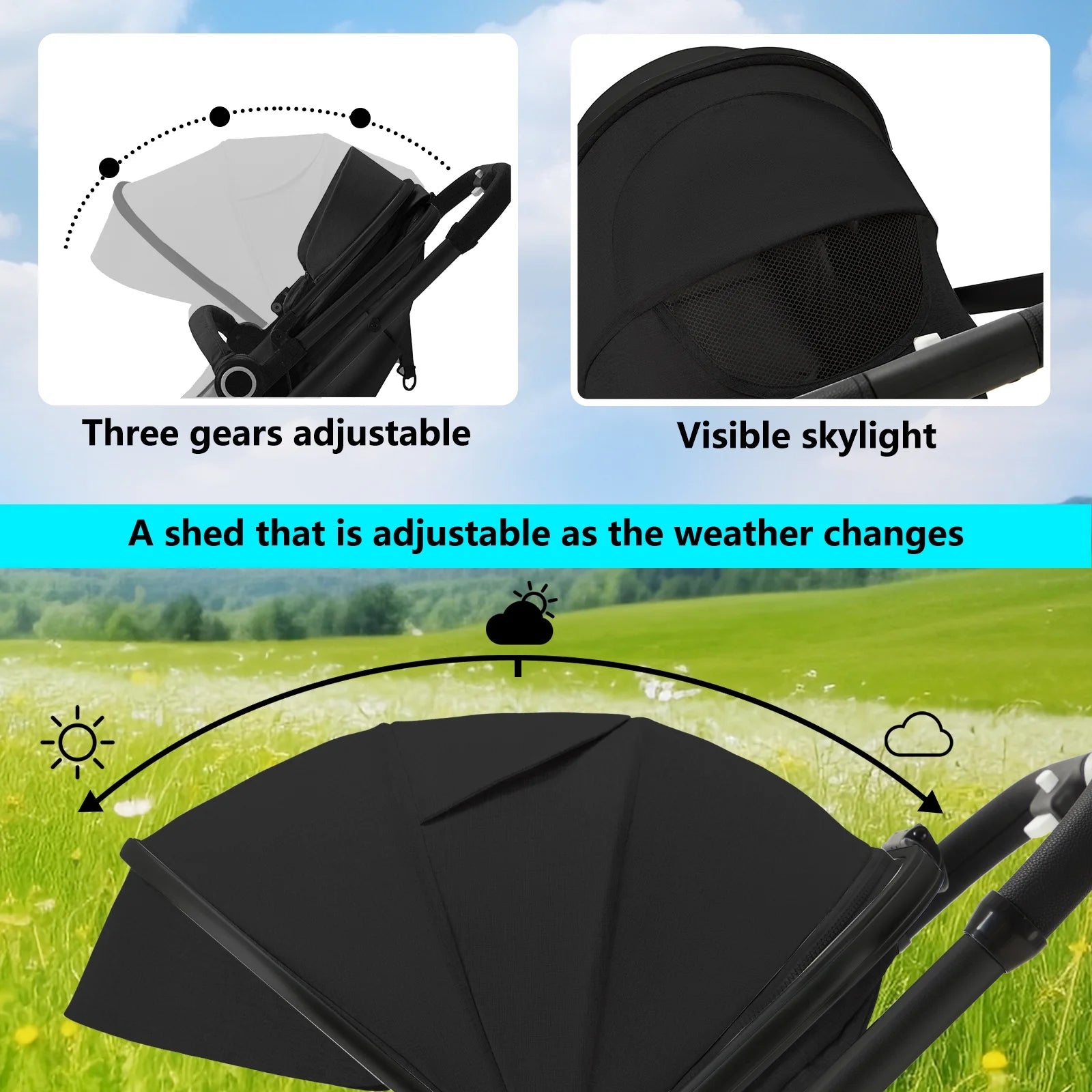 3-in-1 Convertible Baby Stroller with Generous Seating and Adjustable Canopy, 24 lbs, Black