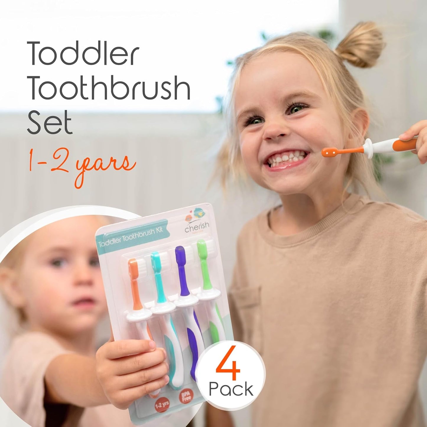 Toddler Toothbrush Set for Ages 1-2 (4-Pack) - BPA-Free, Safety-Tested Soft-Grip Toothbrushes Developed by Pediatric Dentists
