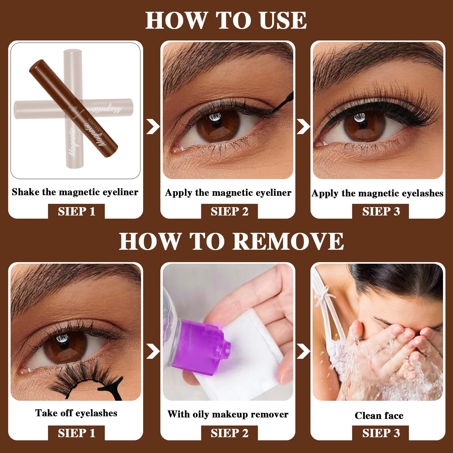 Magnetic Eyelashes Cat-Eye Full Volume Magnetic Lashes,Reusable Easy Fake Eye Lash, 2 Tuble Strongest Waterproof Liquid Liner Brown.Vegan & Cruelty Free（1 Black+1Brown)