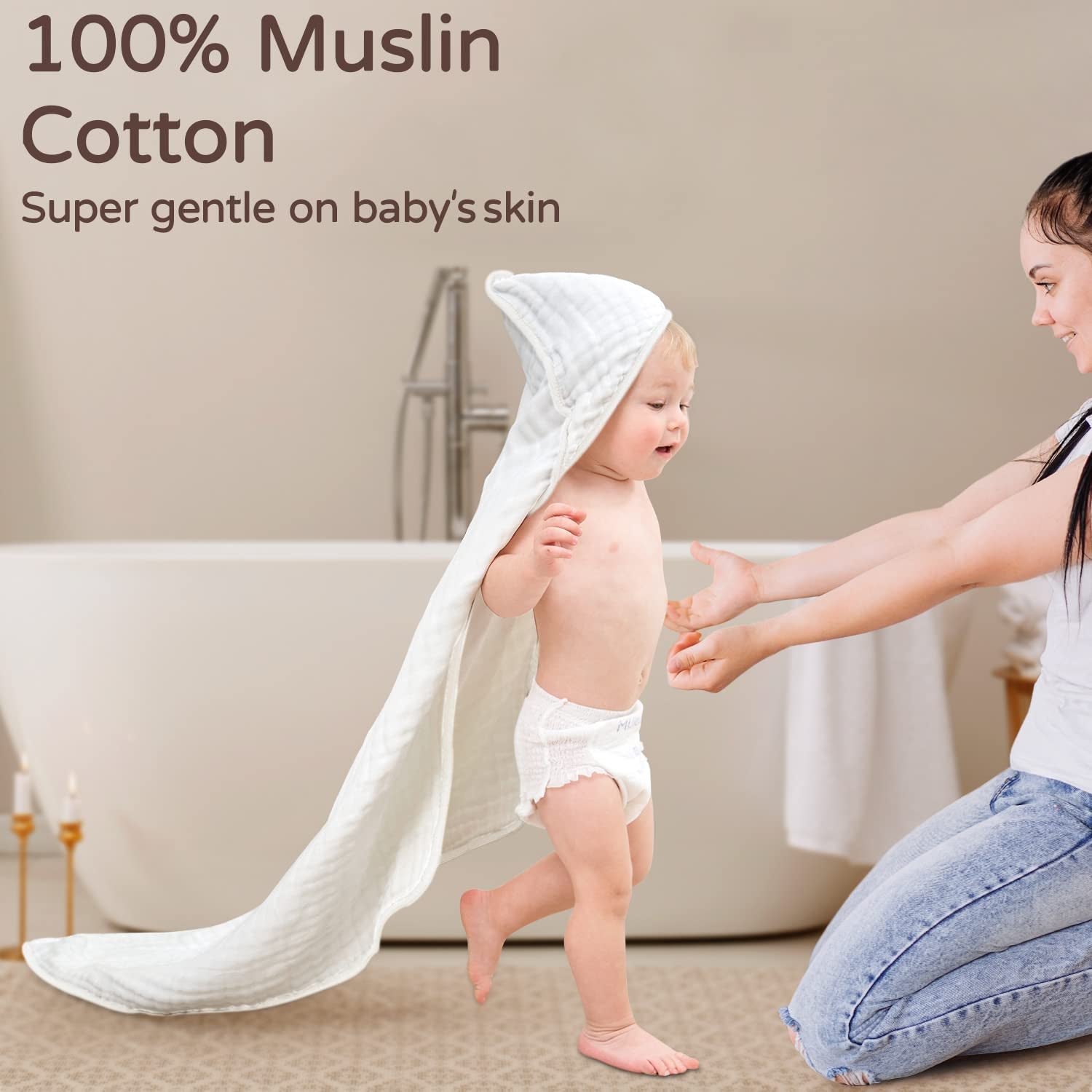 Hooded Muslin Cotton Baby Towels for Newborns - Soft, Absorbent Bath Towel with Hood for Infants and Toddlers, Large 32x32 Inches, Essential for Newborn Care