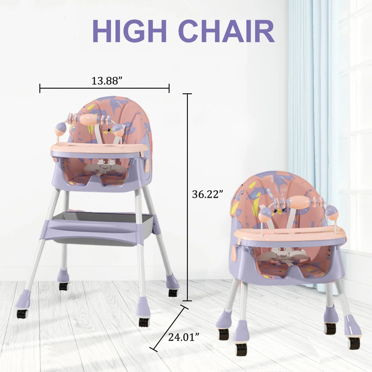 Convertible 4-in-1 Portable Baby High Chair with Five-Point Safety Harness, Dining Plate, and Toy Storage in Purple