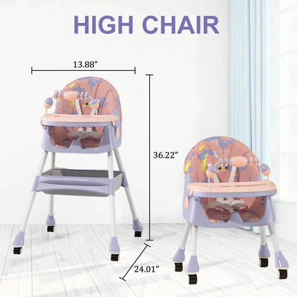 Convertible 4-in-1 Portable Baby High Chair with Five-Point Safety Harness, Dining Plate, and Toy Storage in Purple