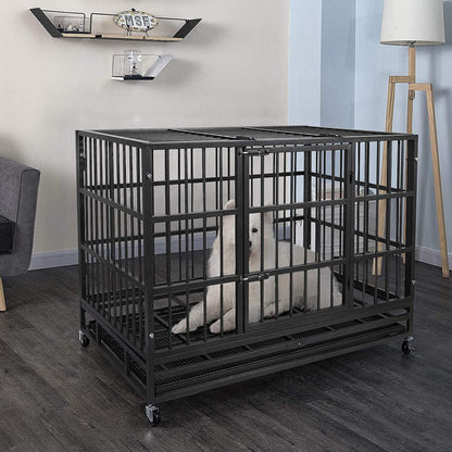 42 Inch Heavy Duty Dog Crate Cage with Wheels for Indoor, Large Dog Kennel with Removable Tray