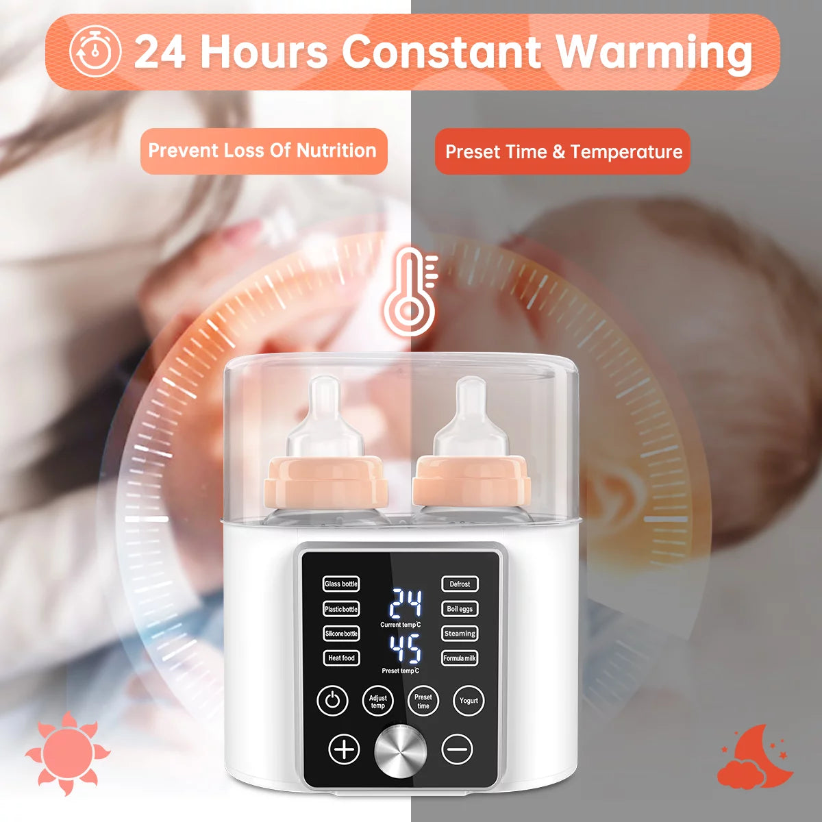 12-in-1 Dual Baby Bottle Warmer and Food Heater with LCD Display, Timer, and 24-Hour Temperature Control for Breastmilk and Formula, BPA-Free, Ideal for Twins
