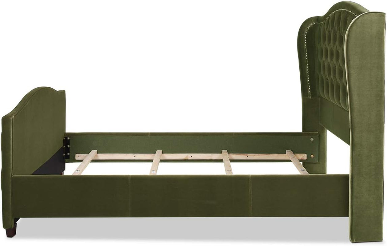Marcella Queen Upholstered Shelter Headboard Bed Set in Olive Green Performance Velvet
