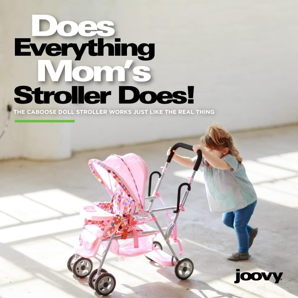 Deluxe Baby Doll Stroller Caboose with Reclining Front Seat, Adjustable Footrest, Storage Basket, Extendable Canopy, and Snack Tray - Accommodates Up to 3 Dolls (Pink Dot)