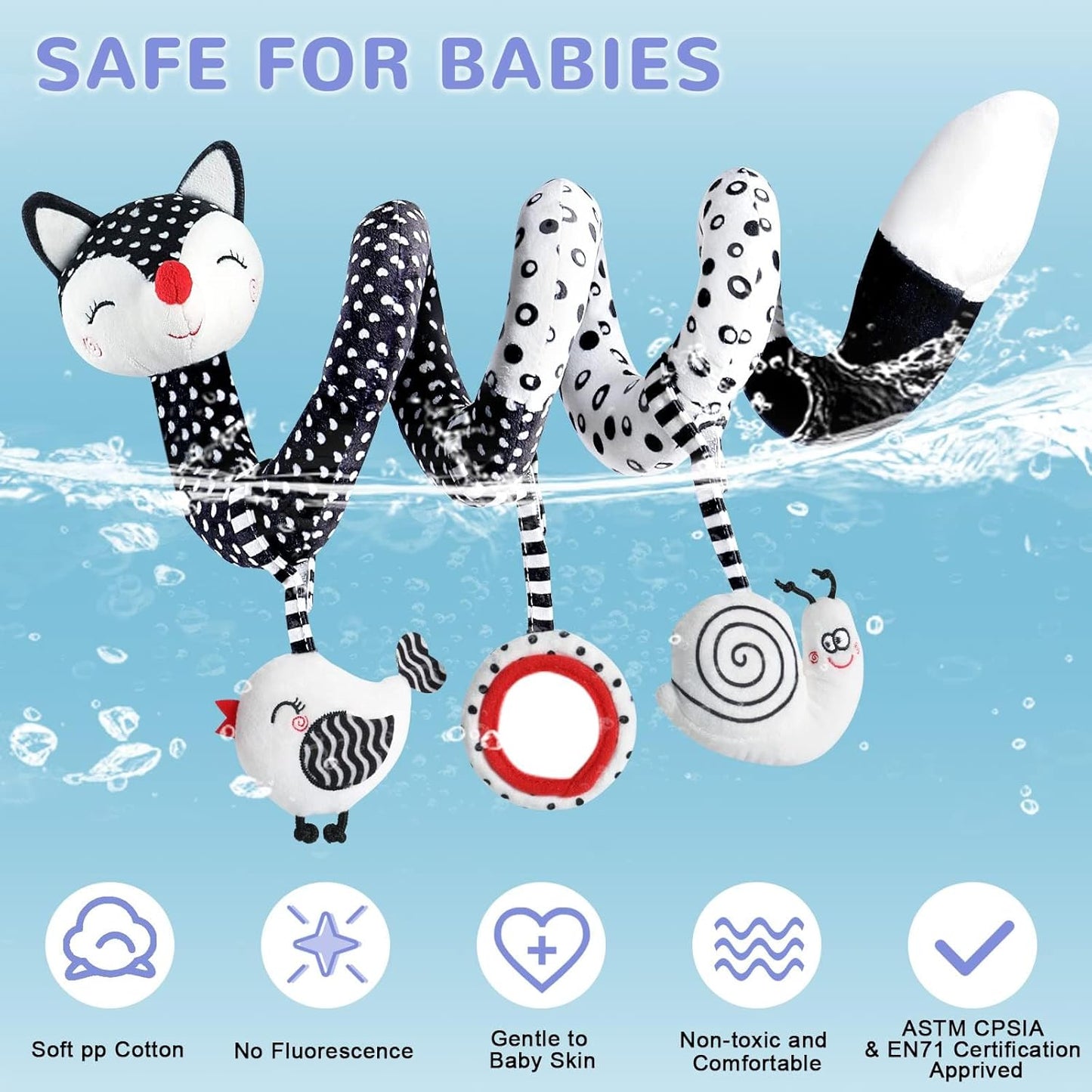 High Contrast Black and White Plush Spiral Toys for Infants, Ideal Sensory Car Seat and Stroller Accessories for Newborns 0-12 Months