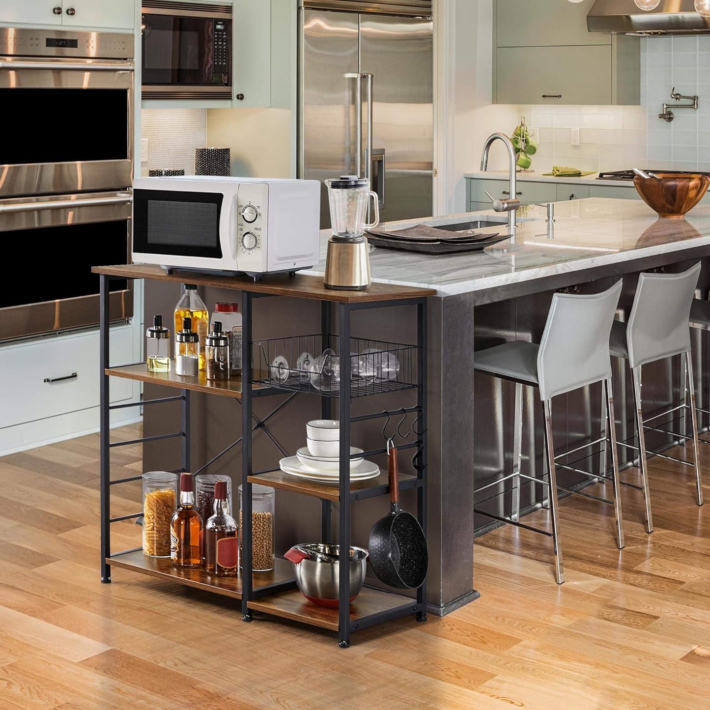 4-Tier Rustic Brown Kitchen Baker's Rack and Coffee Bar with Microwave Stand, Wire Basket, and 6 Side Hooks for Organized Storage of Spices and Utensils