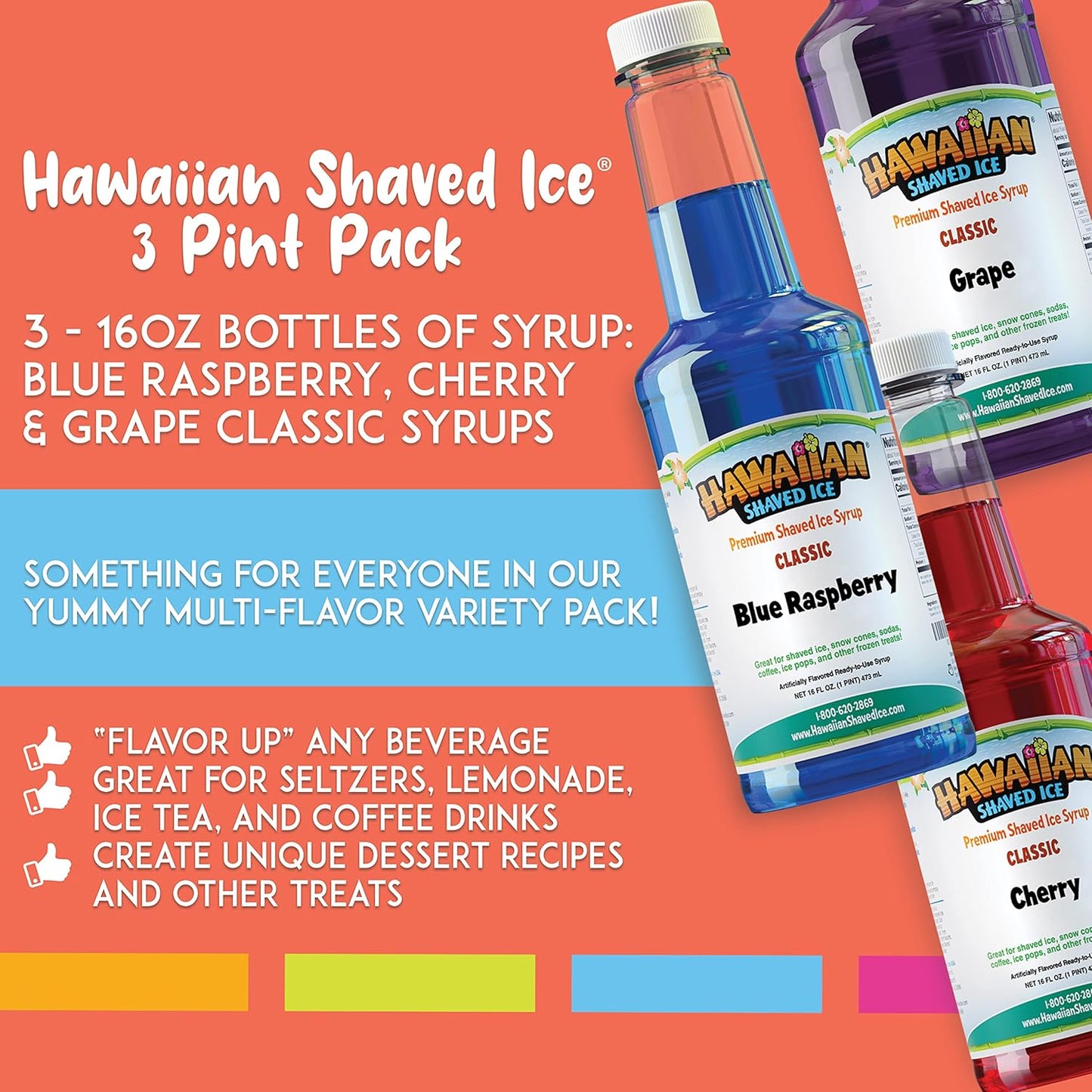 Syrup Assortment, 3 - 16Oz Bottles of the Most Popular Flavors: Cherry, Grape, Blue Raspberry. Perfect for Shaved Ice, Snow Cones, Sodas, Ice Pops, and Slushies. Allergy-Friendly