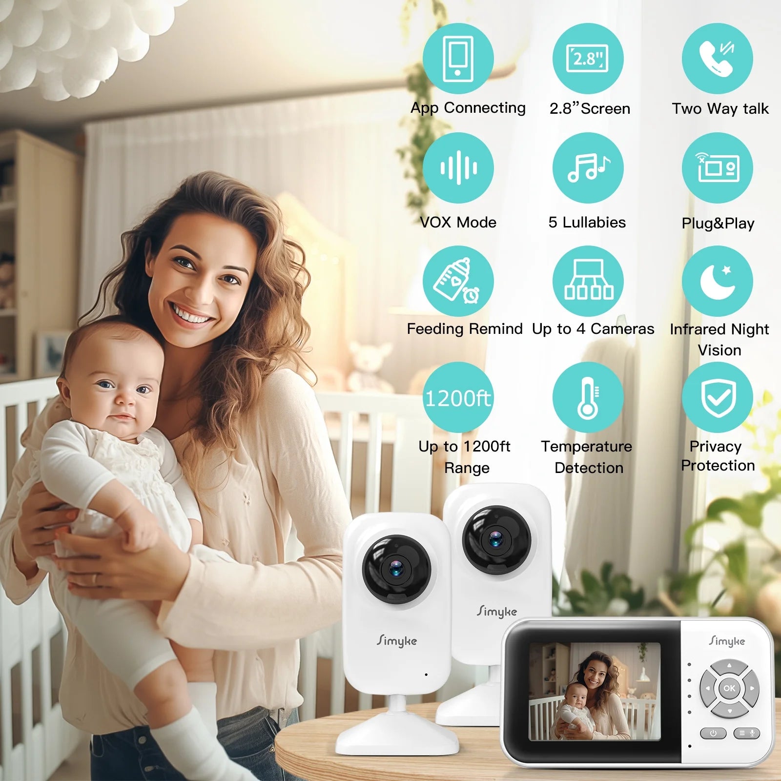 Dual Camera Video Baby Monitor with 2.8" LCD Display, Wireless Connectivity, Night Vision, Two-Way Audio, App Integration, 1200 Ft Range, Feeding Timer, Temperature Sensor, and Portable Design for Home Use
