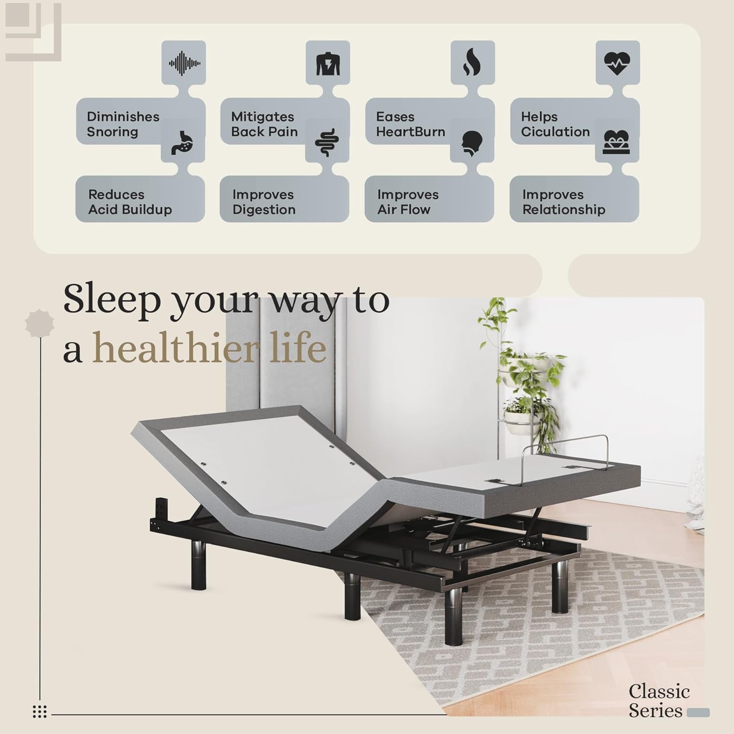 Classic Adjustable Bed Base, Head and Foot Lift, Massage, Under-Bed Lights, USB, Memory, Zero Gravity Smart Frame - Twin XL
